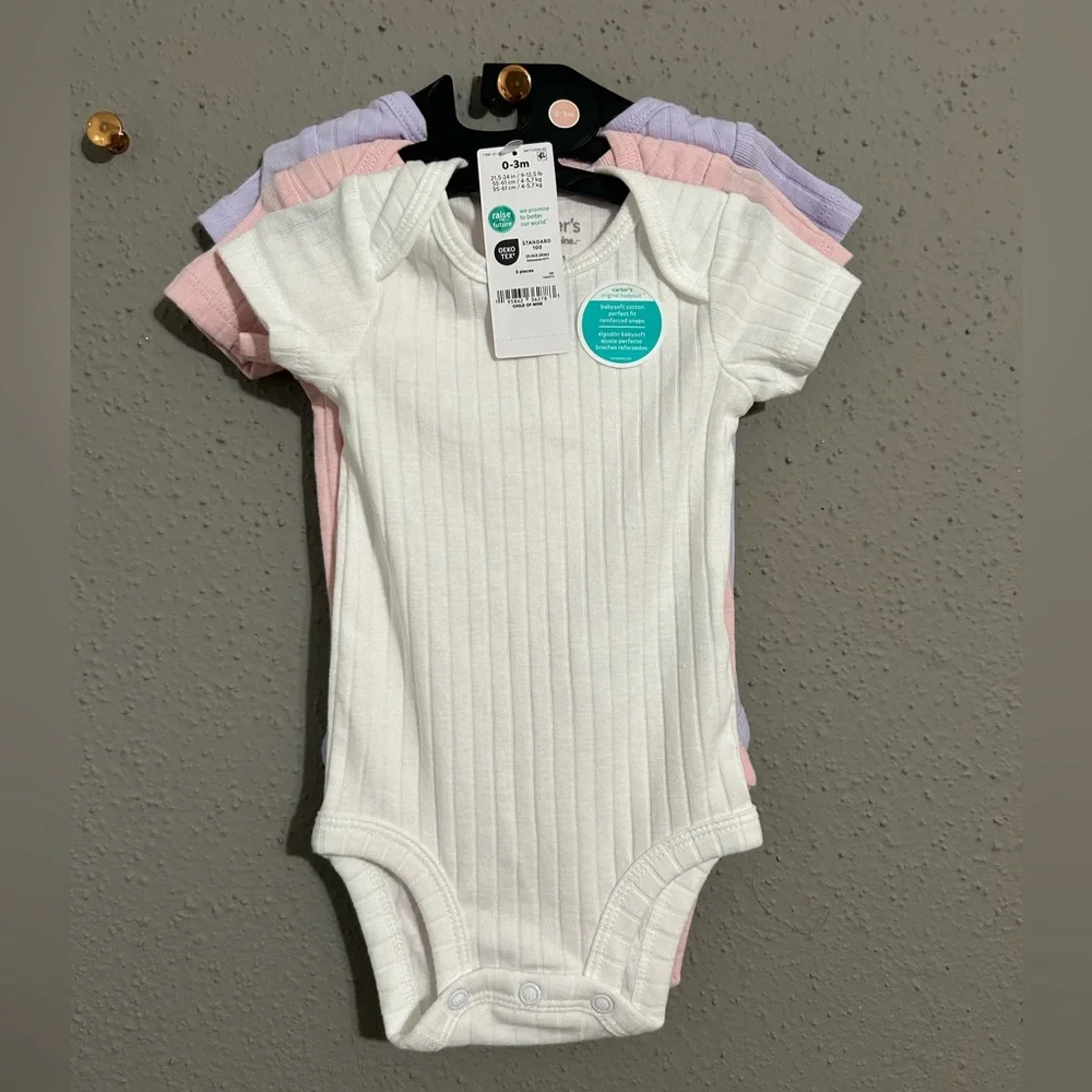 Carter's Ribbed Cotton Bodysuit Set - White, Pink, Lavender. Set of 3. NWT.